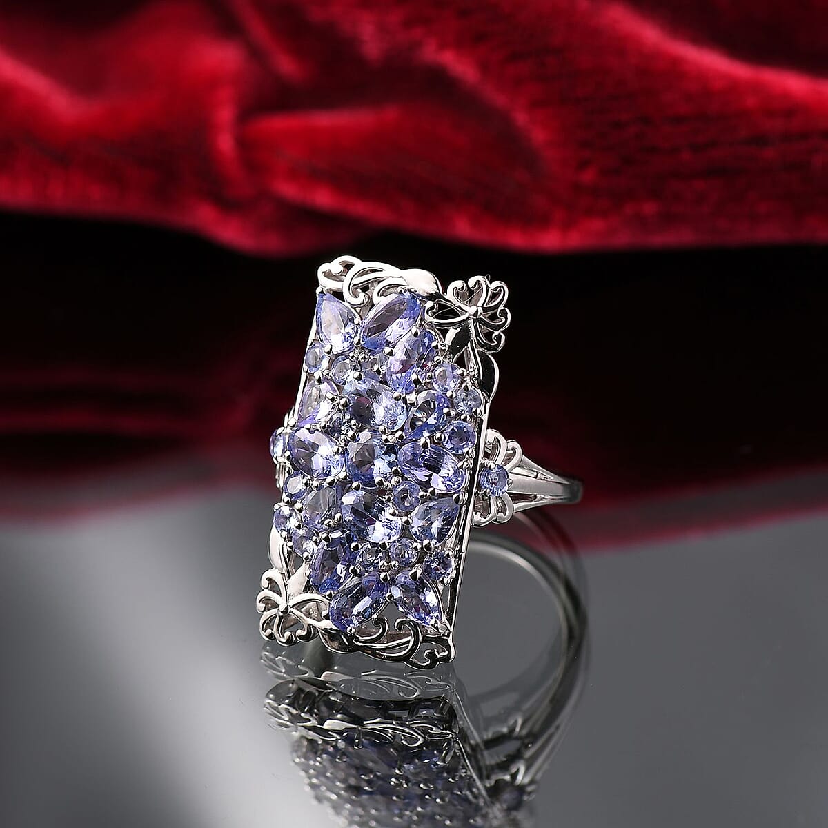 Tanzanite 4.85 ctw Art Deco Ring in Rhodium Over Sterling Silver (Size 9.0) image number 1