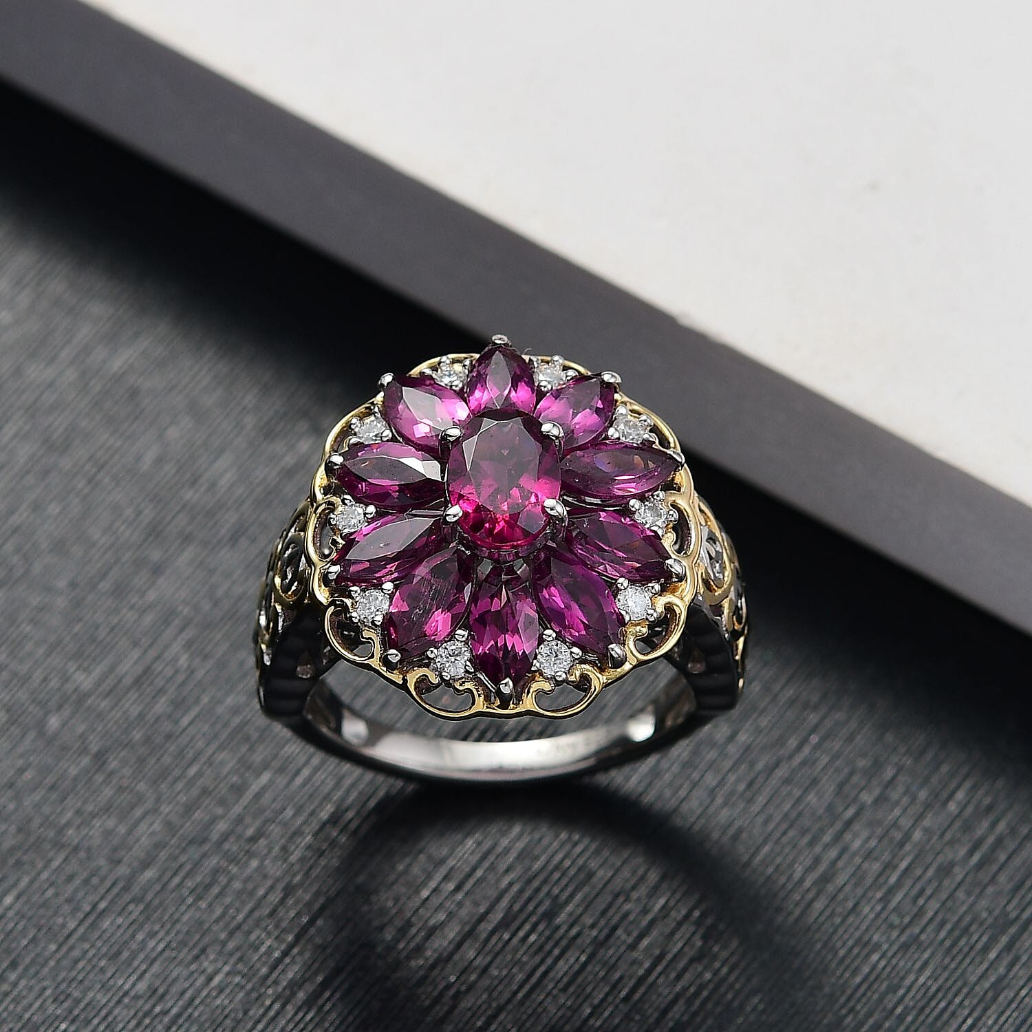 D'Joy AAA Radiant Ember Garnet and Moissanite 4.80 ctw Ring in 18K Vermeil YG and Rhodium Over Sterling Silver (Size 10.0)