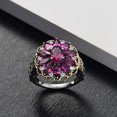 D'Joy AAA Radiant Ember Garnet and Moissanite 4.80 ctw Ring in 18K Vermeil YG and Rhodium Over Sterling Silver (Size 10.0)