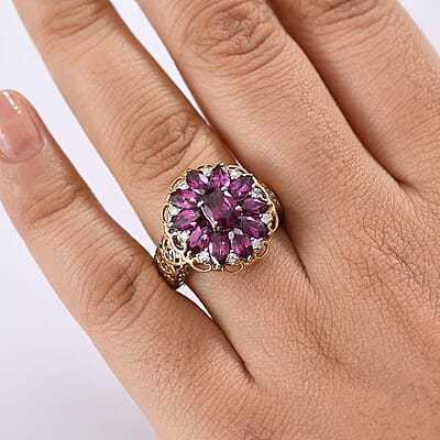 D'Joy AAA Radiant Ember Garnet and Moissanite 4.80 ctw Ring in 18K Vermeil YG and Rhodium Over Sterling Silver (Size 10.0)