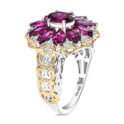 D'Joy AAA Radiant Ember Garnet and Moissanite 4.80 ctw Ring in 18K Vermeil YG and Rhodium Over Sterling Silver (Size 10.0)