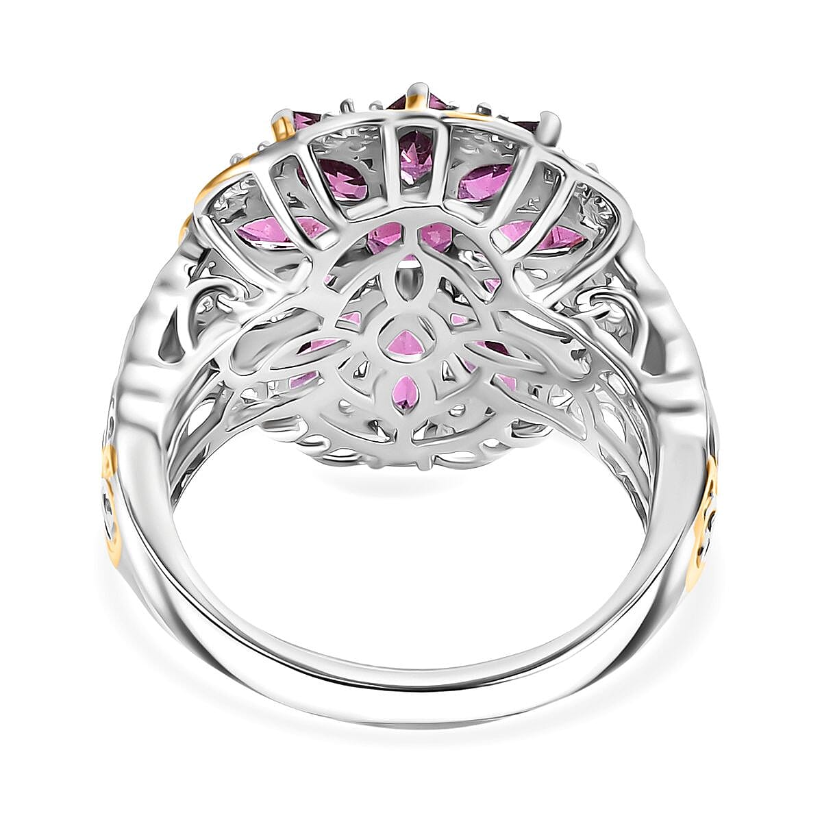 D'Joy AAA Radiant Ember Garnet and Moissanite 4.80 ctw Ring in 18K Vermeil YG and Rhodium Over Sterling Silver (Size 10.0)