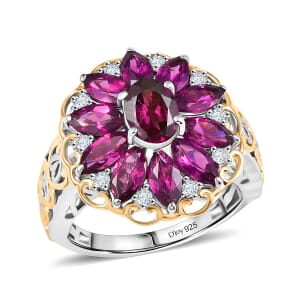 AAA Radiant Ember Garnet and Moissanite 4.80 ctw Ring in 18K Vermeil YG and Rhodium Over Sterling Silver (Size 6.0)