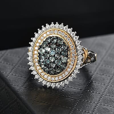D'Joy Narsipatnam Alexandrite and Moissanite 1.65 ctw Water Bubbles Ring in 18K Vermeil YG and Rhodium Over Sterling Silver (Size 10.0)