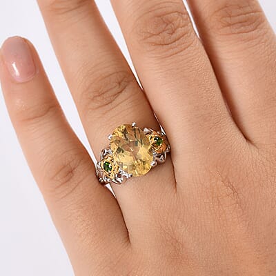 D'Joy Yellow Labradorite and Multi Gemstone 5.40 ctw Golden Bloom Ring in 18K Vermeil YG and Rhodium Over Sterling Silver (Size 10.0)