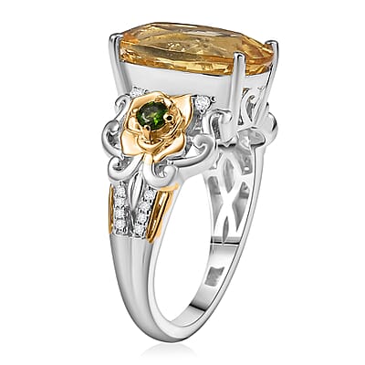 D'Joy Yellow Labradorite and Multi Gemstone 5.40 ctw Golden Bloom Ring in 18K Vermeil YG and Rhodium Over Sterling Silver (Size 10.0)