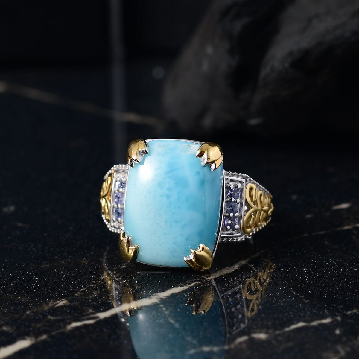 D'Joy Larimar and Tanzanite 13.00 ctw Ring in 18K Vermeil YG and Rhodium Over Sterling Silver (Size 10.0) image number 1