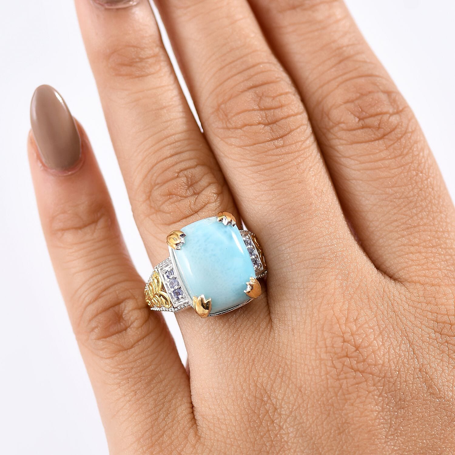 D'Joy Larimar and Tanzanite 13.00 ctw Ring in 18K Vermeil YG and Rhodium Over Sterling Silver (Size 10.0)