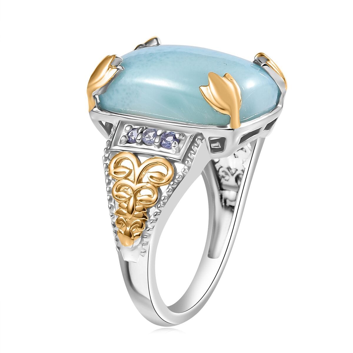 D'Joy Larimar and Tanzanite 13.00 ctw Ring in 18K Vermeil YG and Rhodium Over Sterling Silver (Size 10.0) image number 3