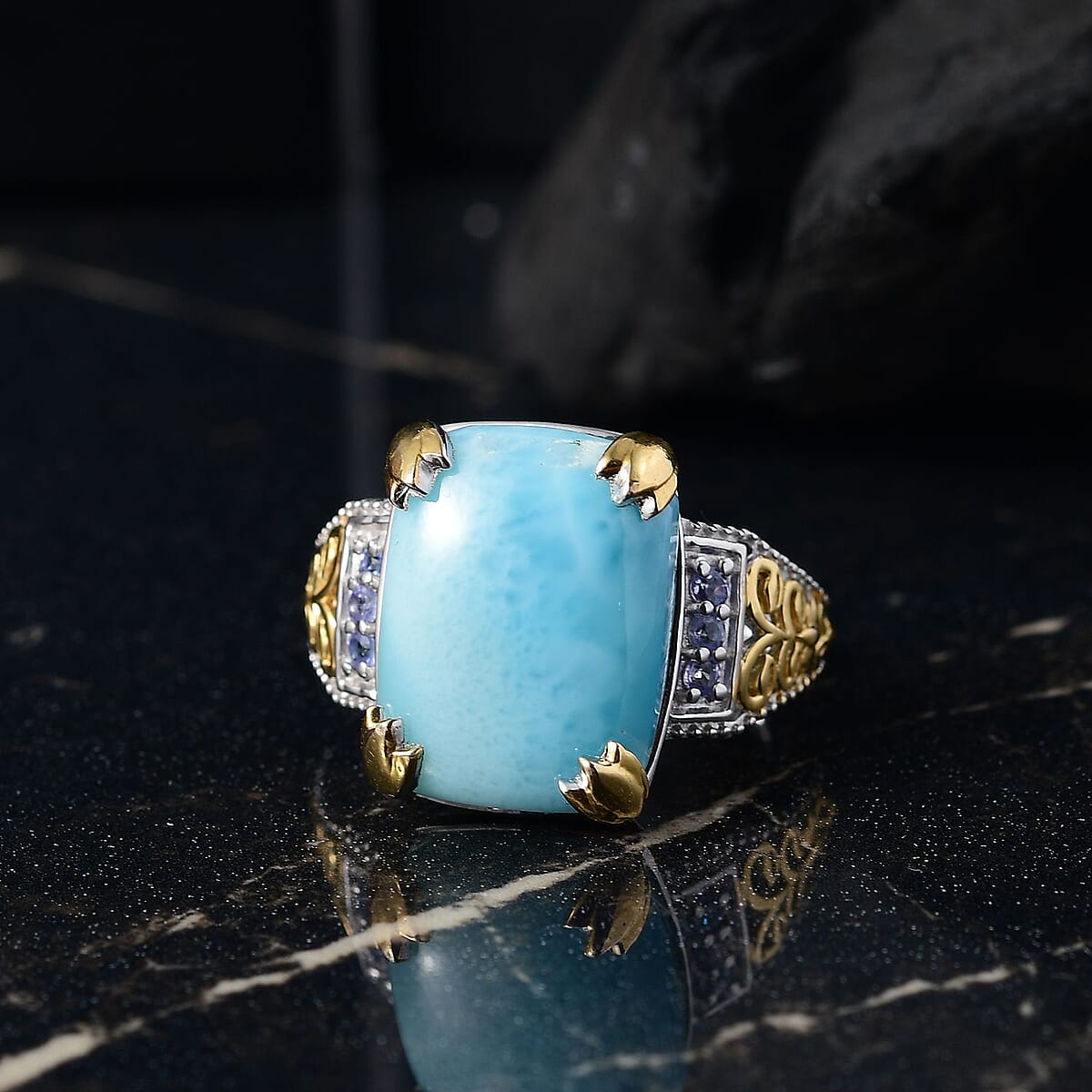 D'Joy Larimar and Tanzanite 13.00 ctw Ring in 18K Vermeil YG and Rhodium Over Sterling Silver (Size 6.0) image number 1