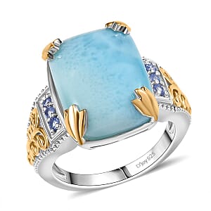 D'Joy Larimar and Tanzanite 13.00 ctw Ring in 18K Vermeil YG and Rhodium Over Sterling Silver (Size 9.0)