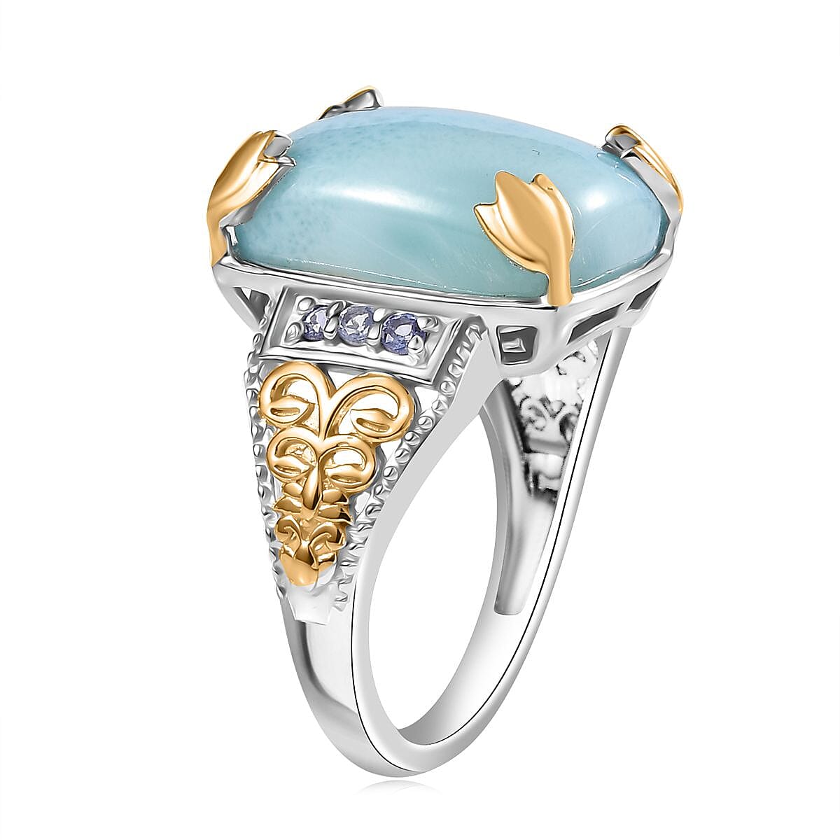 D'Joy Larimar and Tanzanite 13.00 ctw Ring in 18K Vermeil YG and Rhodium Over Sterling Silver (Size 9.0) image number 3