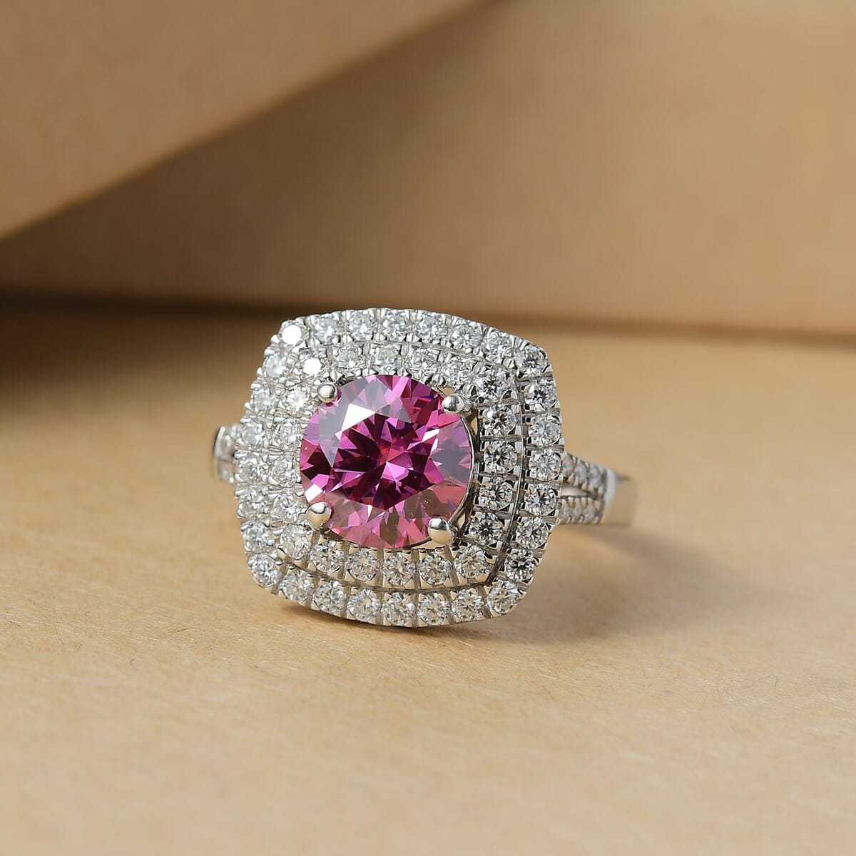 D'Joy Pink Moissanite and Moissanite 2.60 ctw Celestial Halo Ring in Rhodium Over Sterling Silver (Size 10.0) image number 1