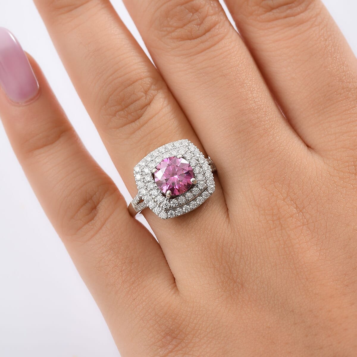 D'Joy Pink Moissanite and Moissanite 2.60 ctw Celestial Halo Ring in Rhodium Over Sterling Silver (Size 10.0) image number 2