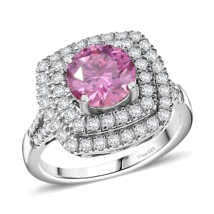 D'Joy Pink Moissanite and Moissanite 2.60 ctw Celestial Halo Ring in Rhodium Over Sterling Silver (Size 7.0)