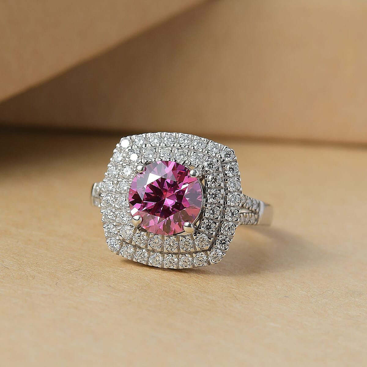 D'Joy Pink Moissanite and Moissanite 2.60 ctw Celestial Halo Ring in Rhodium Over Sterling Silver (Size 8.0) image number 1