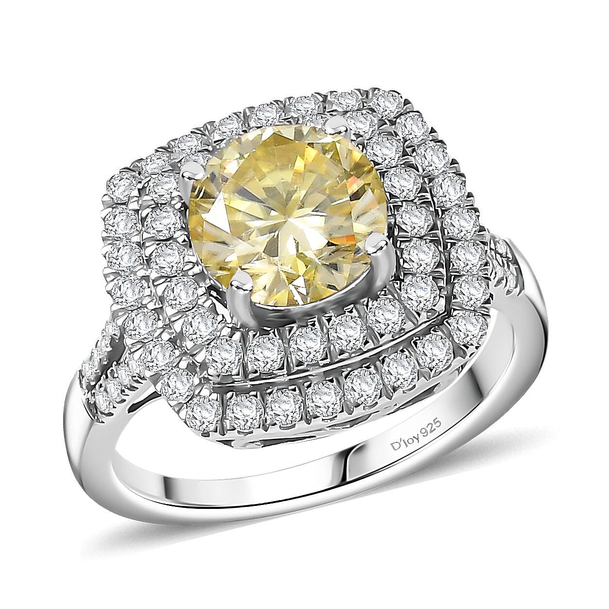 D'Joy Yellow Moissanite and Moissanite 2.60 ctw Celestial Halo Ring in Rhodium Over Sterling Silver (Size 10.0)