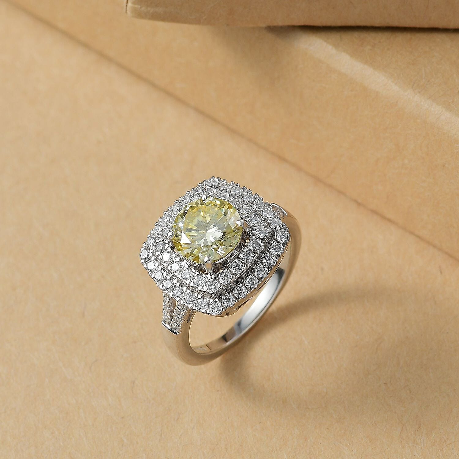 D'Joy Yellow Moissanite and Moissanite 2.60 ctw Celestial Halo Ring in Rhodium Over Sterling Silver (Size 10.0)