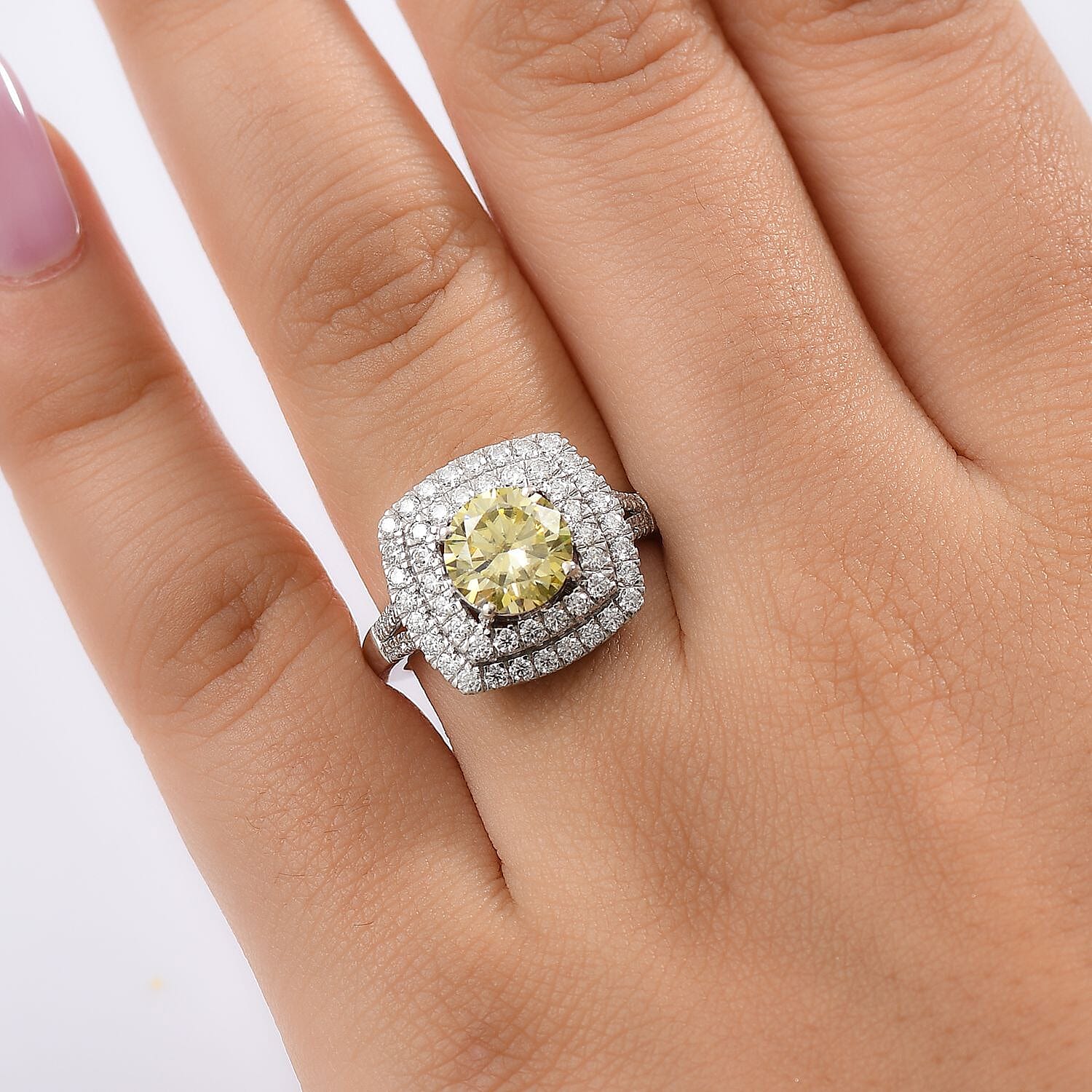 D'Joy Yellow Moissanite and Moissanite 2.60 ctw Celestial Halo Ring in Rhodium Over Sterling Silver (Size 10.0)