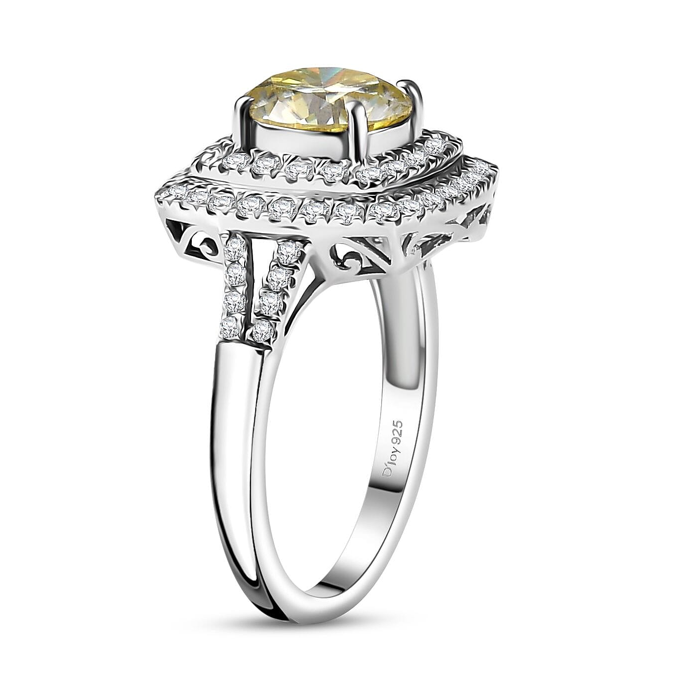 D'Joy Yellow Moissanite and Moissanite 2.60 ctw Celestial Halo Ring in Rhodium Over Sterling Silver (Size 10.0)