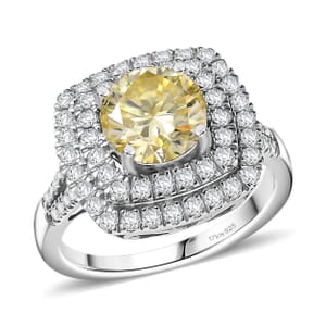 D'Joy Yellow Moissanite and Moissanite 2.60 ctw Celestial Halo Ring in Rhodium Over Sterling Silver (Size 7.0)