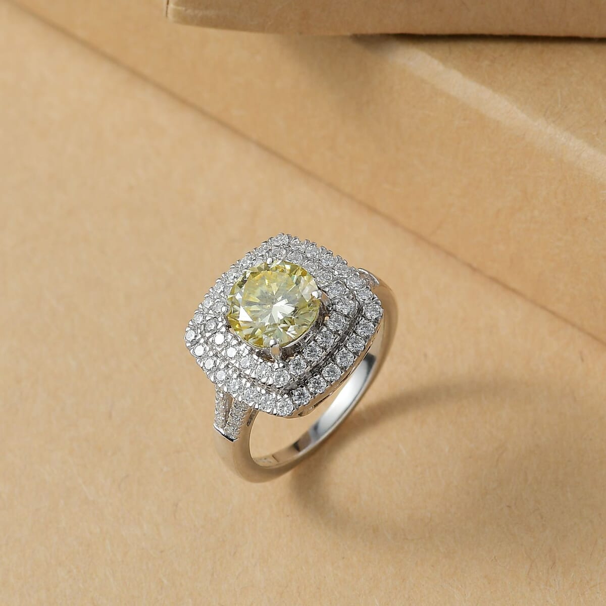 D'Joy Yellow Moissanite and Moissanite 2.60 ctw Celestial Halo Ring in Rhodium Over Sterling Silver (Size 7.0) image number 1