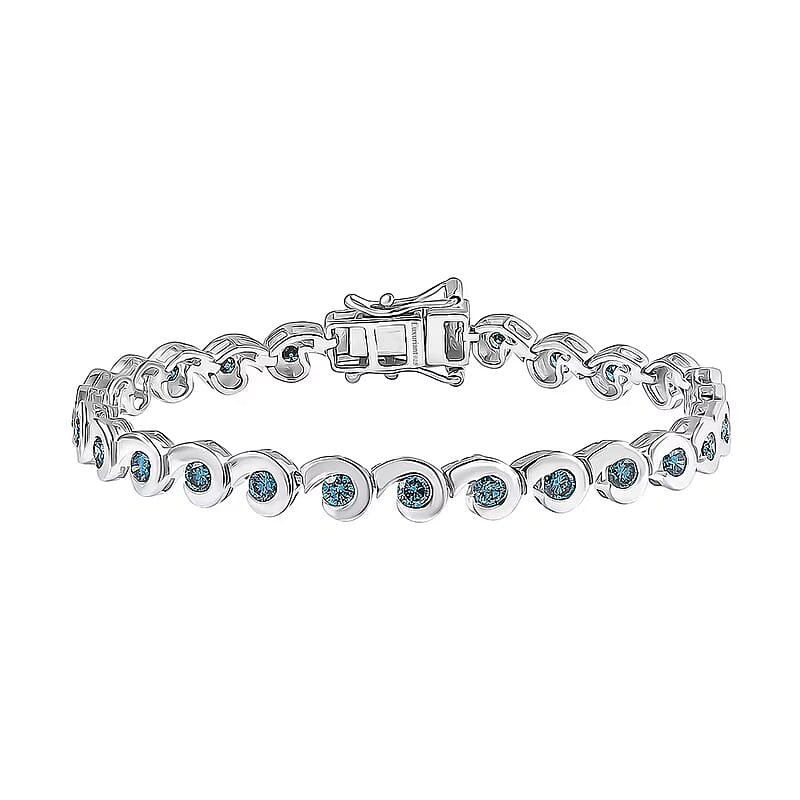 Luxuriant Lab Grown Blue Diamond (IR) 2.80 ctw Waves of Light Bracelet in Rhodium Over Sterling Silver (6.50 In)