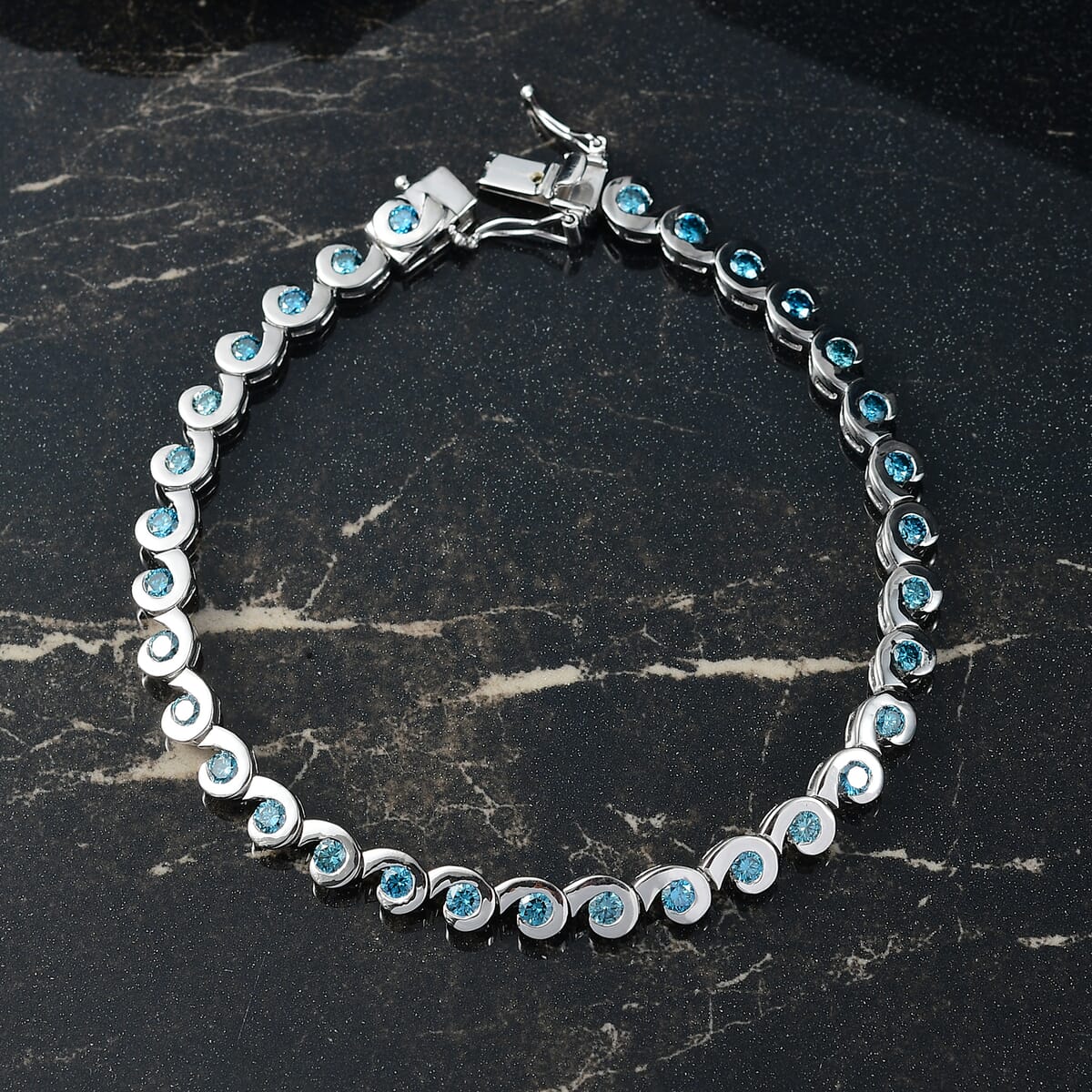 Luxuriant Lab Grown Blue Diamond (IR) 2.80 ctw Waves of Light Bracelet in Rhodium Over Sterling Silv (6.50 In)  image number 1