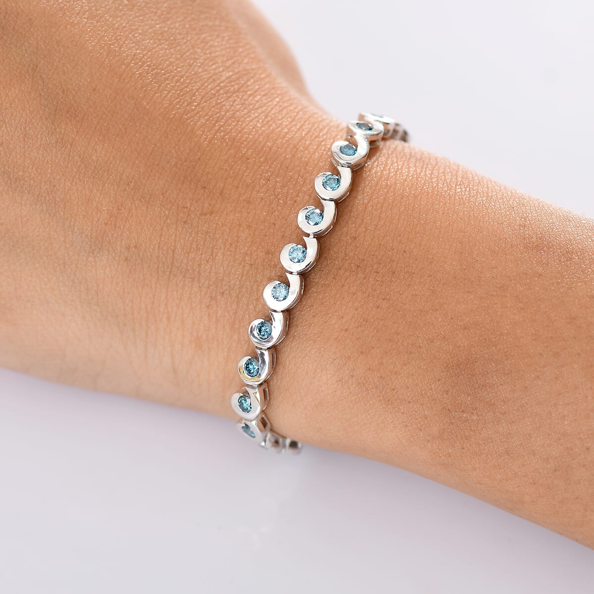 Luxuriant Lab Grown Blue Diamond (IR) 2.80 ctw Waves of Light Bracelet in Rhodium Over Sterling Silv (6.50 In)  image number 2