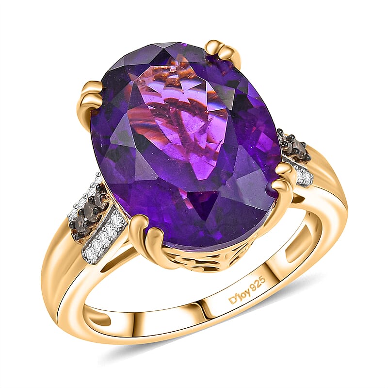 D'Joy AAA Brejinho Amethyst, Natural Champagne and White Diamond 9.50 ctw Art Deco Ring in 18K Vermeil Yellow Gold Over Sterling Silver (Size 10.0) 