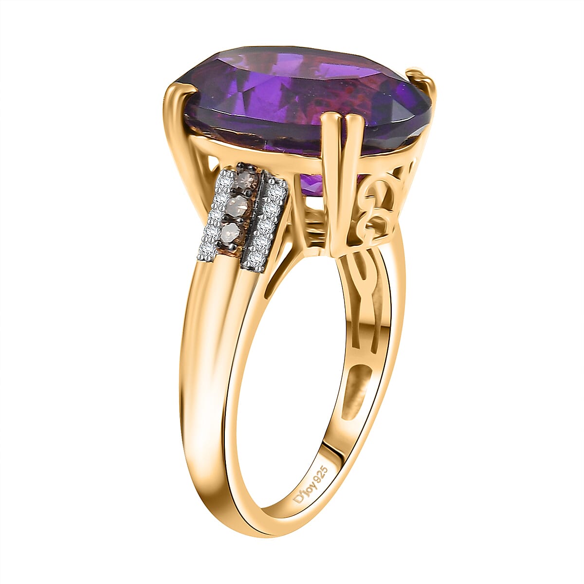 D'Joy AAA Brejinho Amethyst, Natural Champagne and White Diamond 9.50 ctw Art Deco Ring in 18K Vermeil Yellow Gold Over Sterling Silver (Size 8.0)  image number 3