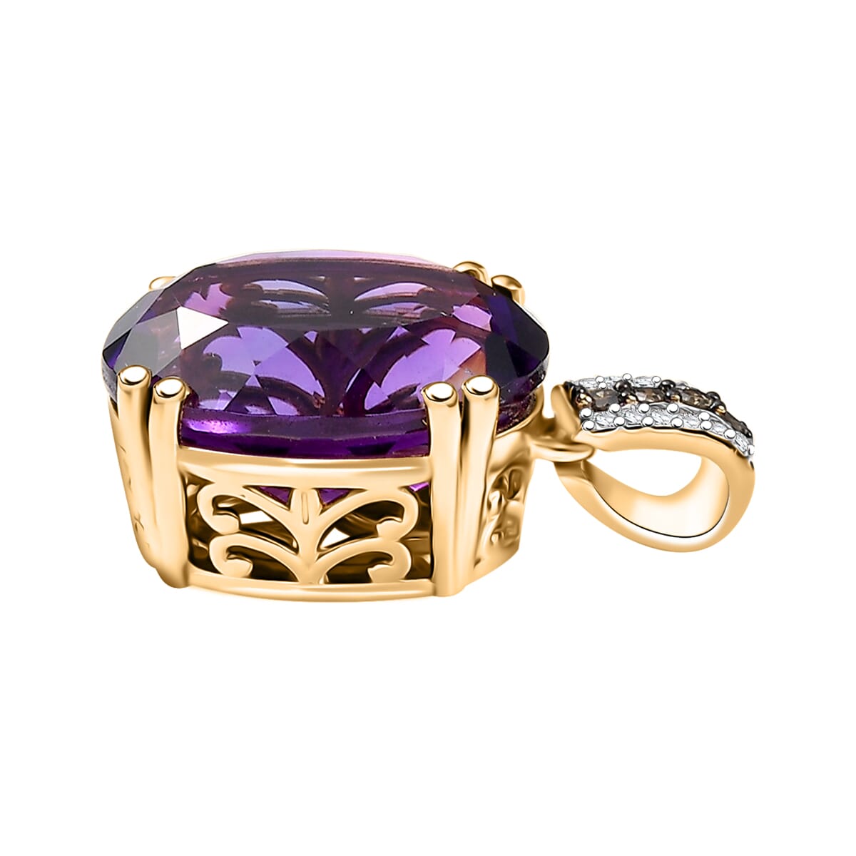 D'Joy AAA Brejinho Amethyst, Natural Champagne and White Diamond 9.40 ctw Art Deco Pendant without Chain in 18K Vermeil Yellow Gold Over Sterling Silver  image number 3