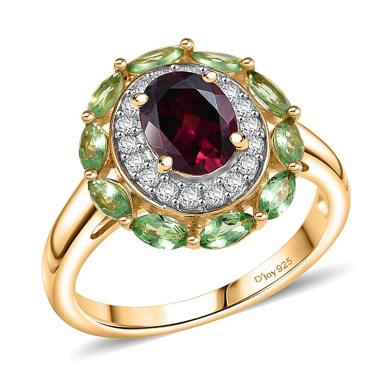 D'Joy AAA Radiant Ember Garnet and Multi Gemstone 2.65 ctw Crimson Garden Ring in 18K Vermeil Yellow Gold Over Sterling Silver (Size 10.0)