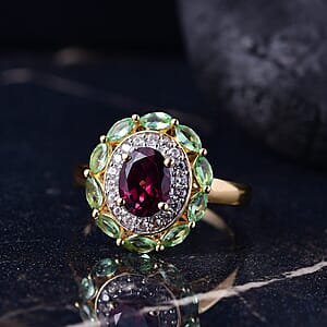 D'Joy AAA Radiant Ember Garnet and Multi Gemstone 2.65 ctw Crimson Garden Ring in 18K Vermeil Yellow Gold Over Sterling Silver (Size 9.0)