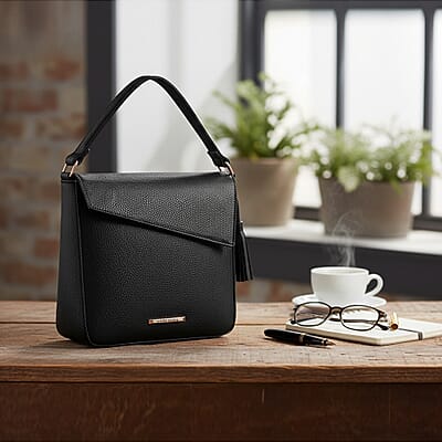 Alexis Bendel Black Faux Leather Asymmetric Flap Shoulder Bag