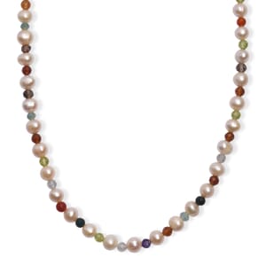 Multi Color Freshwater Pearl and Multi Gemstone 22 Ctw Rainbow Grace Necklace 18 Inches in Rhodium Over Sterling Silver