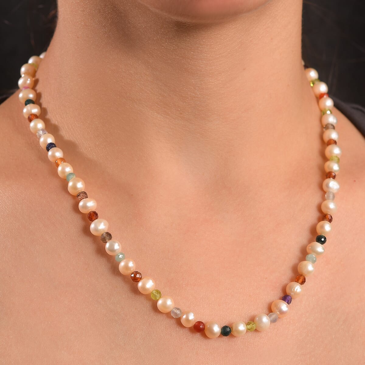 Multi Color Freshwater Pearl and Multi Gemstone 22 Ctw Necklace 18 Inches in Rhodium Over Sterling Silver image number 2
