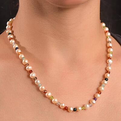 Multi Color Freshwater Pearl and Multi Gemstone 22 Ctw Rainbow Grace Necklace 18 Inches in Rhodium Over Sterling Silver