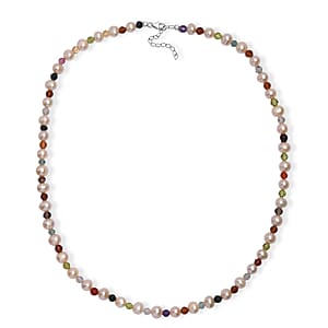 Multi Color Freshwater Pearl and Multi Gemstone 22 Ctw Rainbow Grace Necklace 18 Inches in Rhodium Over Sterling Silver
