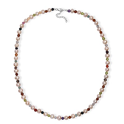 Multi Color Freshwater Pearl and Multi Gemstone 22 Ctw Rainbow Grace Necklace 18 Inches in Rhodium Over Sterling Silver