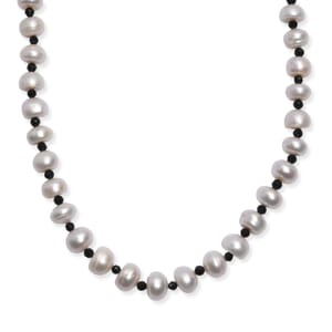White Freshwater Pearl and Thai Black Spinel 12 ctw Necklace 18 Inches in Rhodium Over Sterling Silver 