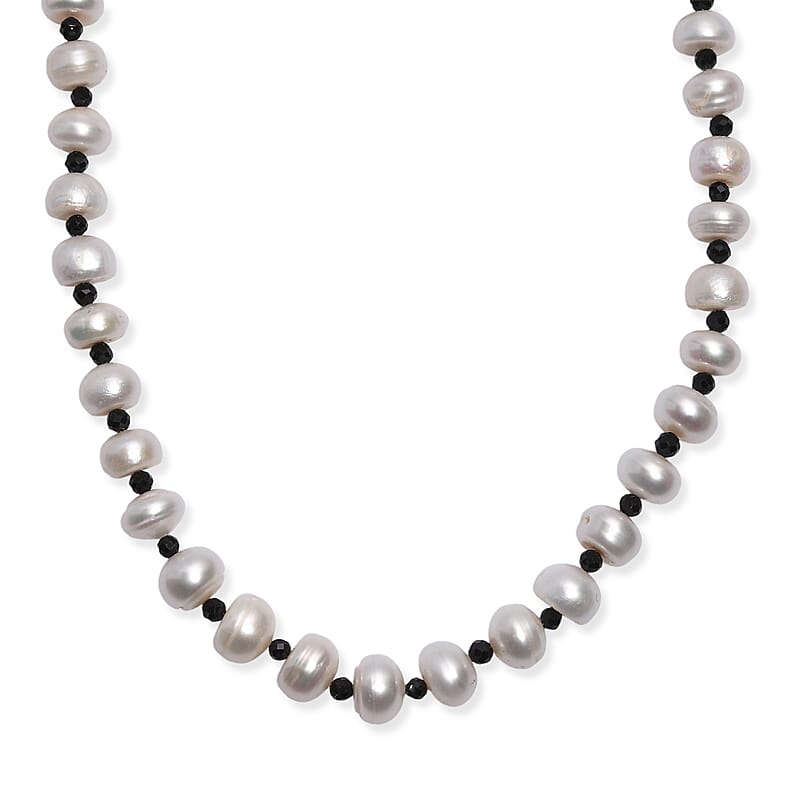 White Freshwater Pearl and Thai Black Spinel 12 ctw Night and Light Necklace 18 Inches in Rhodium Over Sterling Silver 