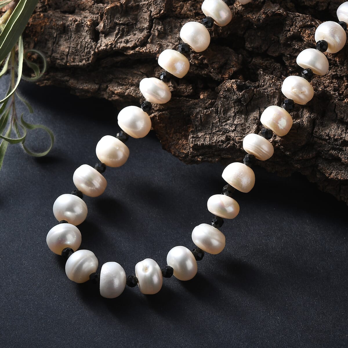 White Freshwater Pearl and Thai Black Spinel 12 ctw Necklace 18 Inches in Rhodium Over Sterling Silver  image number 1