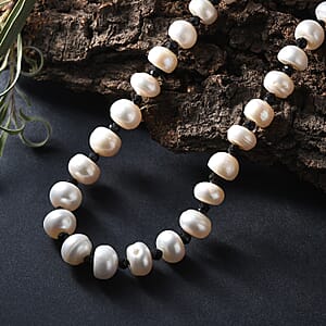 White Freshwater Pearl and Thai Black Spinel 12 ctw Night and Light Necklace 18 Inches in Rhodium Over Sterling Silver 