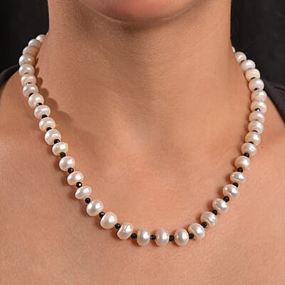 White Freshwater Pearl and Thai Black Spinel 12 ctw Night and Light Necklace 18 Inches in Rhodium Over Sterling Silver 