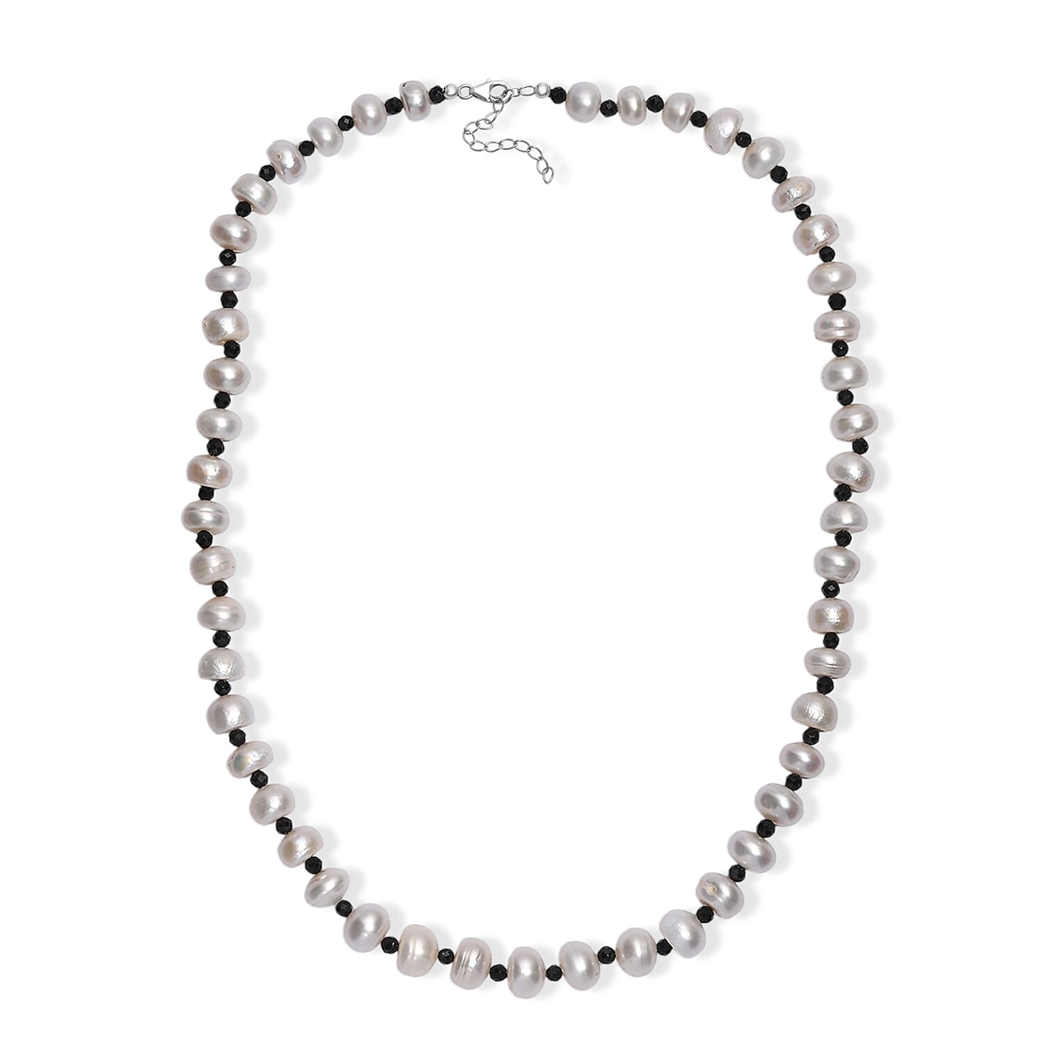 White Freshwater Pearl and Thai Black Spinel 12 ctw Night and Light Necklace 18 Inches in Rhodium Over Sterling Silver 