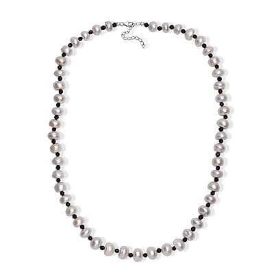 White Freshwater Pearl and Thai Black Spinel 12 ctw Night and Light Necklace 18 Inches in Rhodium Over Sterling Silver 