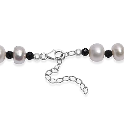 White Freshwater Pearl and Thai Black Spinel 12 ctw Night and Light Necklace 18 Inches in Rhodium Over Sterling Silver 