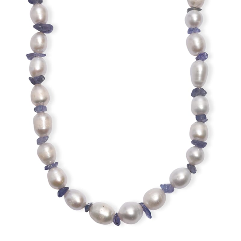 White Freshwater Pearl and Tanzanite 20 Ctw Moon Over Indigo Necklace 18 Inches in Rhodium Over Sterling Silver 