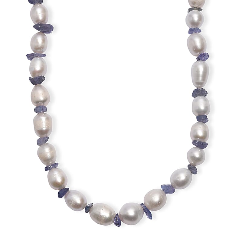 White Freshwater Pearl and Tanzanite 20 Ctw Moon Over Indigo Necklace 18 Inches in Rhodium Over Sterling Silver 